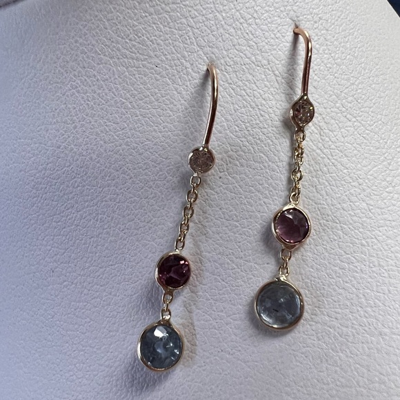 Blue and purple Sapphire and Diamond  Dangle Earrings in 14KYellow Gold 1.0" - Picture 6 of 10
